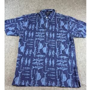 VINTAGE 90s Nautica Polo Shirt Mens Blue Fish All Over Print Nautical Large